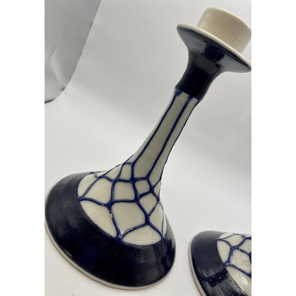 2 Vintage Pottery Candlestick Holders Geometric / Web Design Cobalt Blue & White - Picture 4 of 14